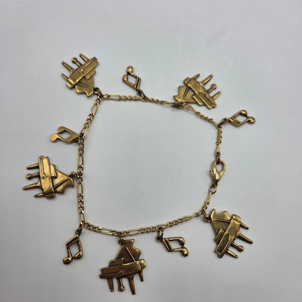 Gold Tone Grand Piano Music Note Charm Bracelet 7" Musician Statement Jewelry